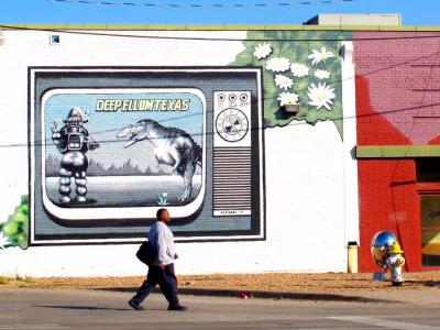 "Dinosaur vs Robot" Mural at Louie Louie's, Dallas